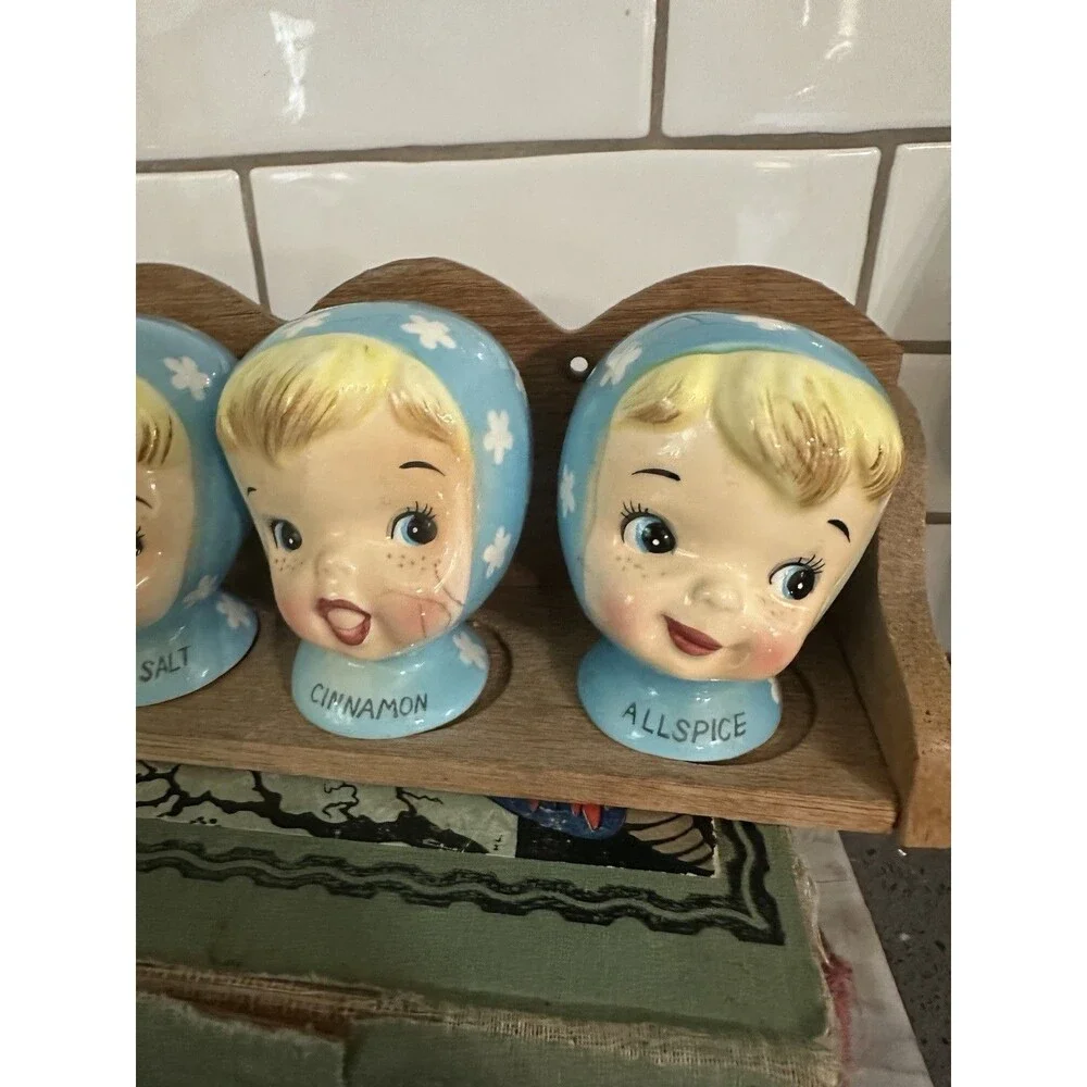 Vtg Napco Miss Cutie Pie Blue Spice Shaker Set Paprika Allspice Cinnamon Garlic